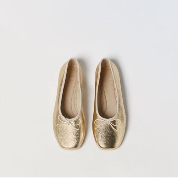 Zara Gold Metallic Square Toe Ballet Flats - Picture 7 of 9